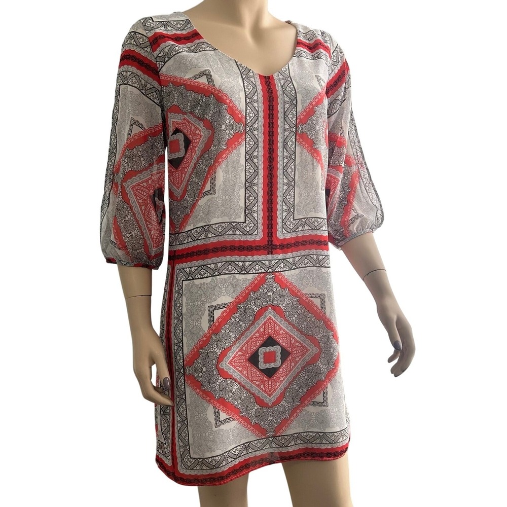 Bisou Bisou geometric scarf print chiffon mini dress orange‎ gray white size 6